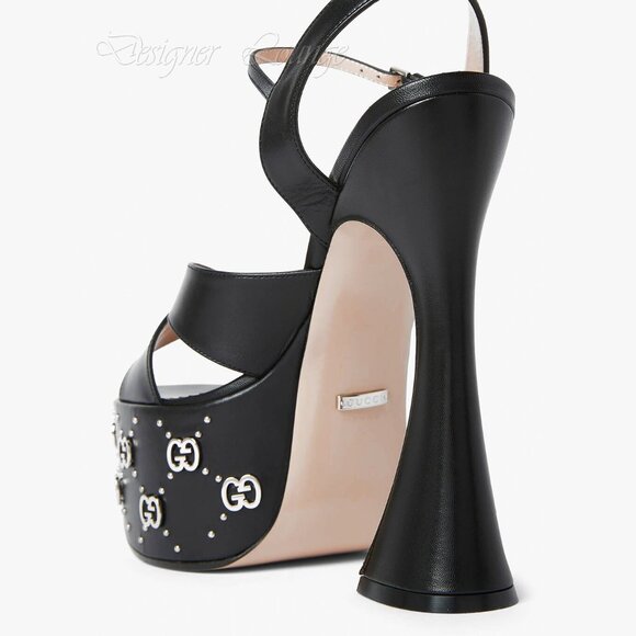 NEW GUCCI Janaya Interlocking G Studs Black Leather Platform Sandals 38.5 US 8.5 - Picture 9 of 15